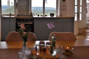 a kitchen with a table with chairs and an oven at Mystic Twistic in Vîrfurile