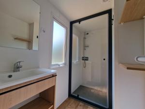 a bathroom with a shower and a sink and a mirror at Camping des Gaves in Laruns