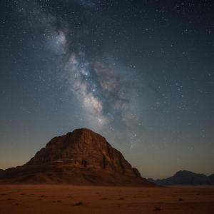 una montaña en el desierto bajo un cielo estrellado en Starry Nights Camp, en Wadi Rum