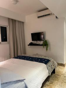 a bedroom with a bed and a tv on the wall at Antiguo Dominican Bay in Boca Chica +28 photos
