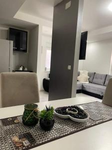 a kitchen and living room with a table with plants on it at Mostar Luxury Apartment in Mostar