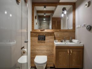a bathroom with a toilet and a sink and a mirror at Tatry Top Apartamenty Granitica centrum in Zakopane +65 photos