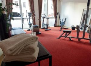 a room with a gym with tread machines and a towel at Hotel von Euch in Meppen