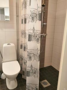 une salle de bain avec toilettes et rideau de douche dans l'établissement Convenient Apartment for 2, à Kemi