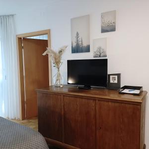 a television on a wooden dresser in a bedroom at TauberNest in Bad Mergentheim