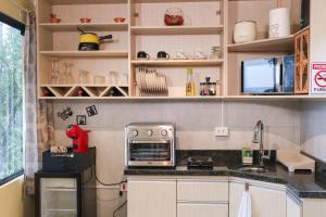 a kitchen with a counter top with a microwave at Pousada Kaporã in Bocaiúva do Sul