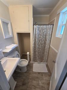 a bathroom with a shower and a toilet and a sink at Lazy Oaks Resort Cottages in Leesburg +28 photos
