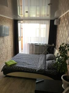 a bedroom with a bed with a window and a plant at Аренда квартир in Rudny