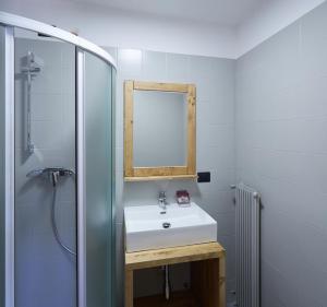a bathroom with a sink and a mirror and a shower at Villa Alpina Hotel in Forni di Sopra +21 photos