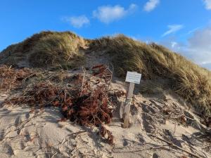 a sign in the sand next to a pile of grass at 6 person holiday home in Ulfborg in Vedersø Klit