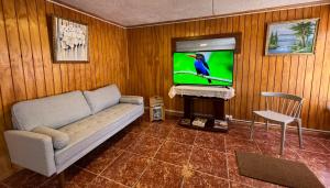 a living room with a couch and a tv at Casa Refugio Austral, hasta 6 personas, cerca Mall Pionero, Zona Franca y Centro in Punta Arenas