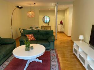 a living room with a green couch and a table at Spacious, cozy apartment with garden in Logroño