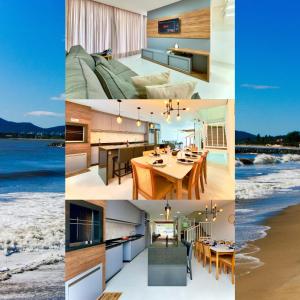 un collage de cuatro fotos de una casa en Casa Completa com Churrasqueira Wi-Fi e Garagem para 2 Carros a 400m da PRAIA Acomoda 8 Pessoas, 3 suites com Ar-Condicionado, en Piçarras