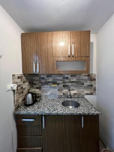 a kitchen with a sink and wooden cabinets at Sultanahmet Blue Suites in Istanbul