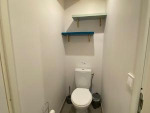 a small bathroom with a toilet and a blue shelf at Gîte T2 avec Terrasse et Parking - Proche des Thermes - FR-1-503-147 in Balaruc-les-Bains +8 photos