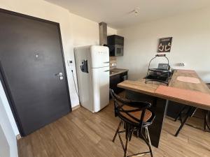 a kitchen with a refrigerator and a table with chairs at Pigonia T2 récent, confort et design à Furiani - à la nuitée in Furiani