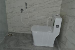 a white toilet in a bathroom with a shower at shankar guest house in Hampi +1 photo