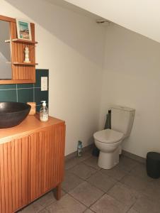 un baño con inodoro y lavabo en Chambre triple proche plage, en Lancieux
