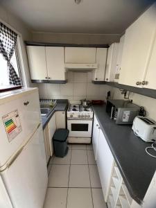 cocina pequeña con armarios blancos y fogones en Complejo Turístico Alto Pangue, en Callaqui 34 fotos más