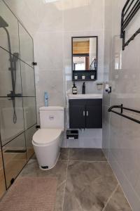 a bathroom with a toilet and a sink and a shower at Casa Ola & Surf in San Felipe de Puerto Plata +25 photos