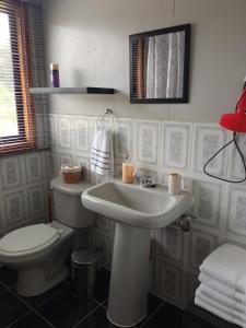 a white bathroom with a toilet and a sink at Cabaña en el campo in Puyehue