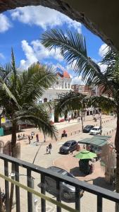a view of a city from a balcony with palm trees at Hotel Plaza El Santuario in Santuario