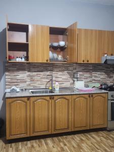 eine Küche mit Holzschränken und einer Spüle in der Unterkunft Jimmy Apartment in Tirane