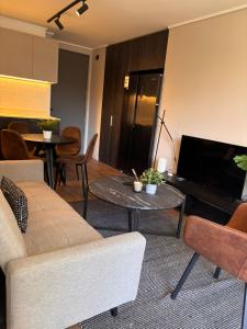 a living room with a couch and a flat screen tv at HOM I Lujoso Depto 2D2B, Ñuñoa con Estacionamiento in Santiago