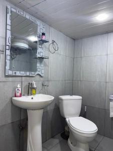 a bathroom with a toilet and a sink and a mirror at Paronyan 20 guest hause in Yerevan