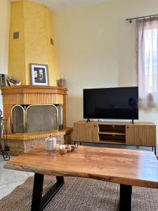 a living room with a tv and a wooden coffee table at Chimpanzee Forest House in Karpenision