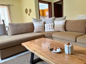 a living room with a couch and a coffee table at Chimpanzee Forest House in Karpenisi