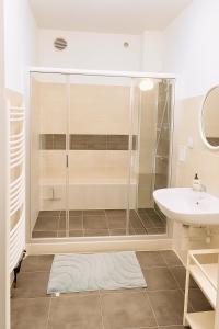 a bathroom with a shower and a sink at Ubytování nad kostelem in Prague