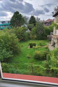a view of a garden from a window at Ubytování nad kostelem in Prague +4 photos