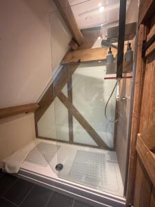 a shower with a glass door in a bathroom at Welsh Apple Barn in Chepstow