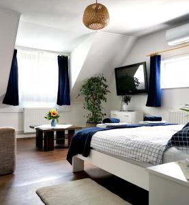 a bedroom with a bed with blue curtains and a tv at Lilla Vendégház in Balatonudvari