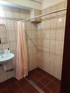 a bathroom with a shower curtain and a sink at Erik Apartments in Budapest