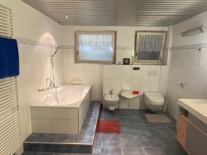 une salle de bain avec une baignoire, des toilettes et un lavabo dans l'établissement Duplex Loft Apartment, à Evilard 74 autres photos