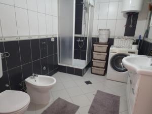 a bathroom with a toilet sink and a washing machine at Anes' apartment in Mostar