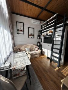 a living room with a couch and a bunk bed at Recele Tiny Nest in Ilva Mare