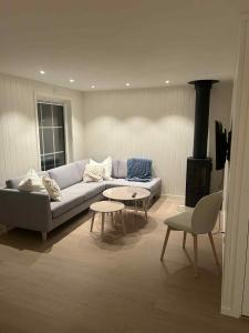 a living room with a couch and a stove at Hytte med sjøen in Kristiansand
