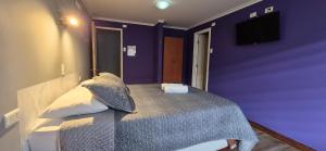 a bedroom with a bed with purple walls at Hostal La Base in Puerto Natales