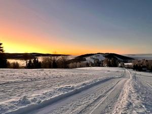 Un camino cubierto de nieve en un campo con la puesta de sol al fondo en Apartmán Schwaderbach, en Bublava