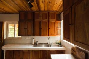 une cuisine avec des armoires en bois et un évier dans l'établissement The Boom Cottage, à Aposentillo 12 autres photos