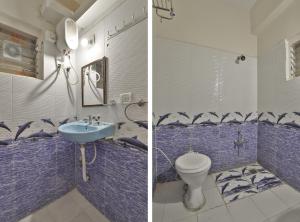 - deux photos d'une salle de bains avec toilettes et lavabo dans l'établissement Hotel O D K Guest House, à Anand 22 autres photos