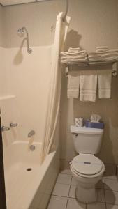 a bathroom with a toilet and a shower and a tub at Timber Inn Motel in Phillips +16 photos