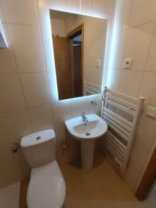 a bathroom with a toilet and a sink and a mirror at Condado de Alhama- Casa Colby in El Romero +7 photos