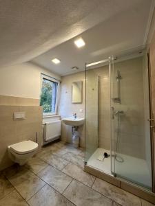 a bathroom with a shower and a toilet and a sink at Gasthaus und Pension Zur Libelle in Luisenthal +16 photos