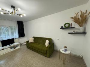 - un salon avec un canapé vert et une télévision dans l'établissement Apartament Brazdă, à Craiova