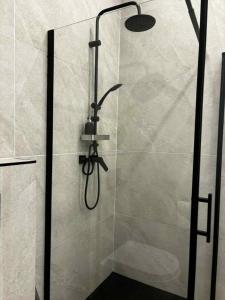 a shower with a glass door in a bathroom at Dom nad jeziorem Winna Górka  +17 photos