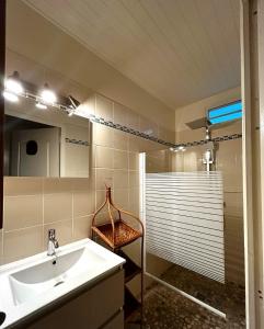 Un baño con lavabo y ducha en Villa Celiane, en Petit-Bourg